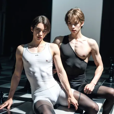 (2boys, masterpiece, beautiful eyes, ballet tights, male crotch bulge, weak androgynous male, chess ballet, checkmate, black pawn takes white king:1.35)