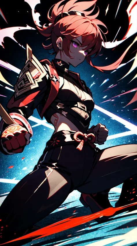 Ultra definition, masterpiece, best quality, Experienced fighter with dark red short hair, medium skin tone, A jacket and light armor red and black metallic Like kuki shinobu outfit, combat stance, Emanating from the fists black and purple lightning blazes...