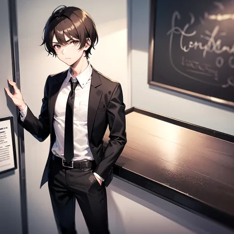 masterpiece, best quality, 1boy, solo, mature male, short hair, brown hair, hazel eyes, black jacket, white shirt, collared shirt, black tie, necktie, black pants, office, looking at viewer, frown