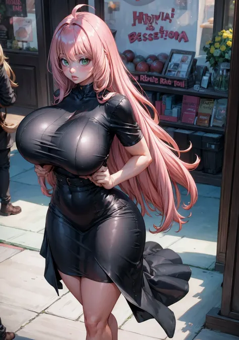 Best resolution, 12K, Girl, pink hair, tal and slender, massive round fake breasts, thick thighs, wide hips, sexy black dress.