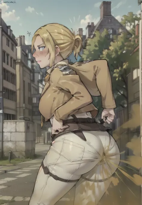 ((annie leonhart)),((velocity)),Attacked by farts, (((Women stand)),biting his lip,velocity,((classic city ,)),((One Woman)),((fart while stand),her butt facing screen,fullbody,blue eye,detailed eyes,blushing)),(​masterpiece:1.2、top-quality)、(the Extremely...