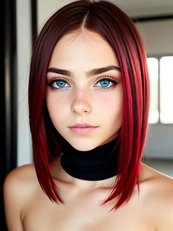 Mirando hacia al frente, frente, nariz hacia al frente, Cara seria, Mirando hacia al frente, Cabello largo, cabello rojo, Ojos heterochromia