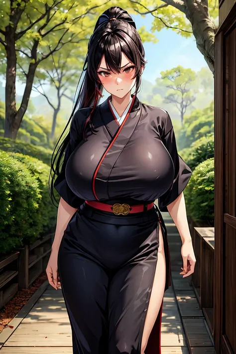 masterpiece, best quality, ultra high res, ultra-detailed, long black hair, ponytail, brown eyes, huge breasts, wide hips, samurai girl, kimono, , young adult, 1 girl, alone, takeda hiromitsu style, blush, beautiful, forest, tree, belt, serious,