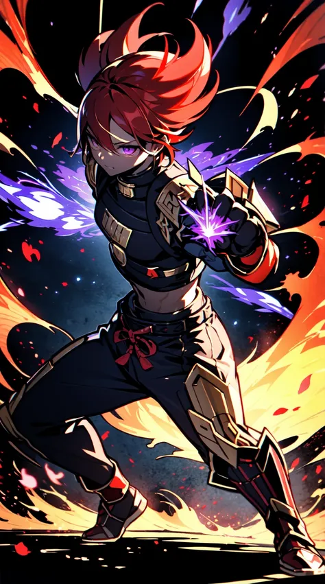 Ultra definition, masterpiece, best quality, Experienced fighter with dark red short hair, medium skin tone, A jacket and light armor red and black metallic Like kuki shinobu outfit, combat stance, Energy like purple flaming lightning emanating from the fi...