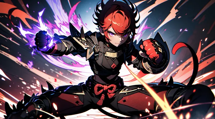 Ultra definition, masterpiece, best quality, Experienced fighter with dark red short hair, medium skin tone, A jacket and light armor red and black metallic Like kuki shinobu outfit, combat stance, Energy like purple flaming lightning emanating from the fi...