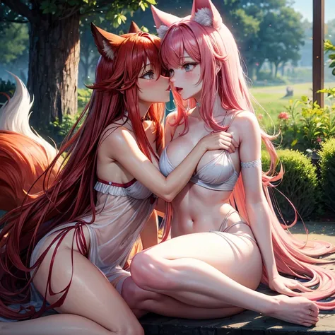 Red hair fox girl getting eaten out by pink hair fairy girl with no clothes and open legs. Fairy girl pulling fox girl closer to kiss her