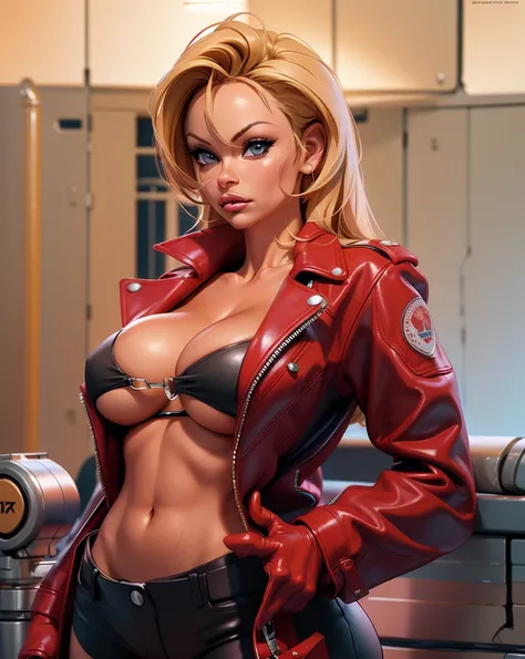 medium shot, torso shot, focus on breasts, perfect face, Pamela Anderson in a red leather jacket posing for a picture,