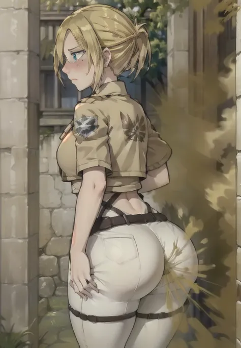 ((annie leonhart)),((velocity)),Attacked by farts, (((Women stand)),Embarrassed,velocity,((classic city)),((One Woman)),((fart while stand),her butt facing screen,fullbody,blue eye,detailed eyes,blushing)),(​masterpiece:1.2、top-quality)、(the Extremely Deta...