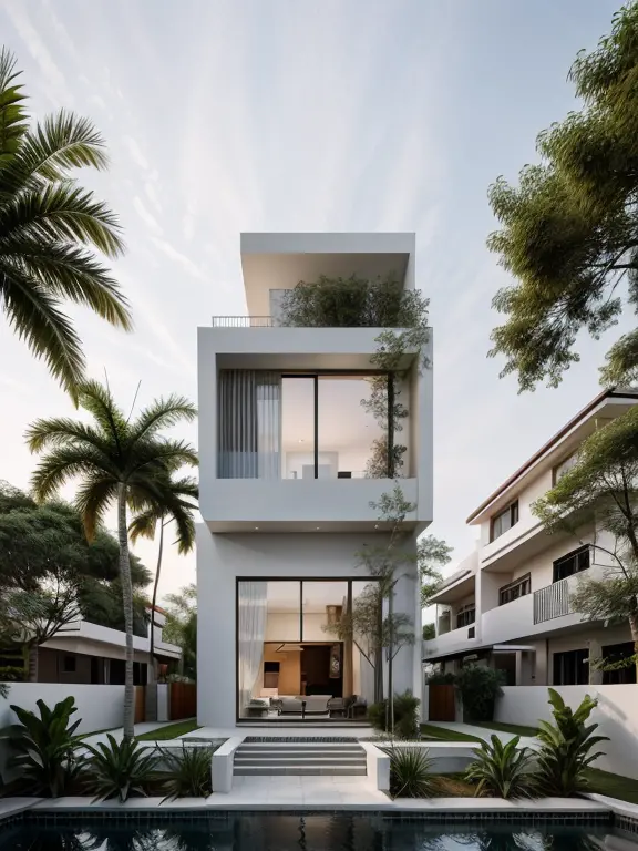 a modern house, located in a quiet area in vietnam.  the house has a white facade and many windows, creating a harmonious and im...