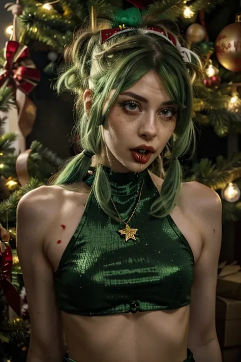 A woman, (green eyes), (pale green hair, small pigtails), dressed in a Christmas tree-inspired outfit, with a green tinsel minidress that resembles her. tree branches, adorned with colorful ornaments, twinkling lights and a star, complemented by red and go...