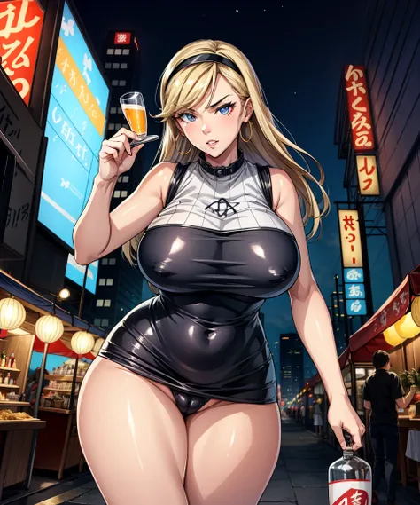 1girl,  (((bimbo))),hoop earrings, puffy lips, painted lips, thick lips. ,kumashiro maya, hairband, 
blonde hair, wide hips, thick thighs, bursting breasts Nightlife, Night city, Cyberpunk city, futuristic cityscape. Neon lights, (skyscraper:1.1), Tokyo to...