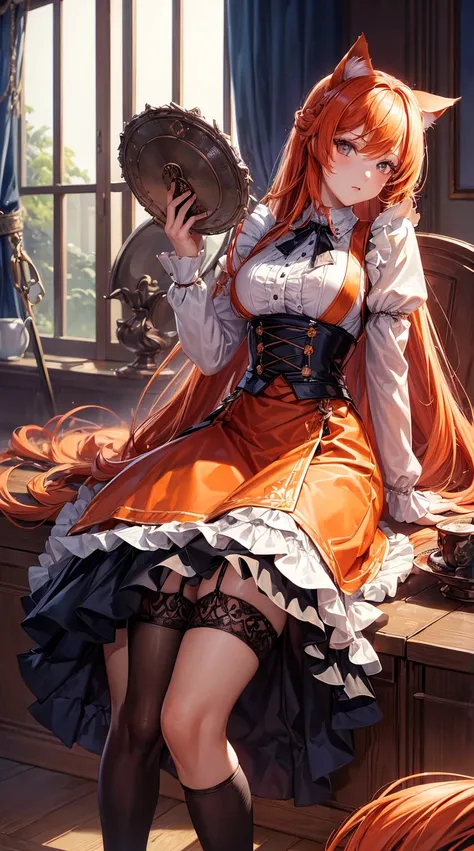 (tmasterpiece, quality, Best quality at best, offcial art, Beautiful and beautiful:1.2)orange long hair，dual horsetail，Refined face，Cat ears，the maid outfit，Superskirt，large tities，，suspender stockings，action，expressionesackground of chains，