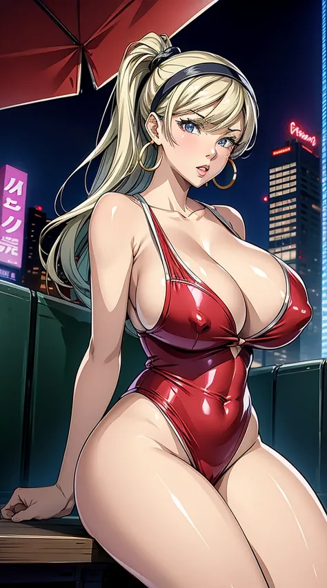 1girl,  (((bimbo))),hoop earrings, puffy lips, painted lips, thick lips. ,kumashiro maya, hairband, 
blonde hair, wide hips, thick thighs, bursting breasts Nightlife, Night city, Cyberpunk city, futuristic cityscape. Neon lights, (skyscraper:1.1), Tokyo to...