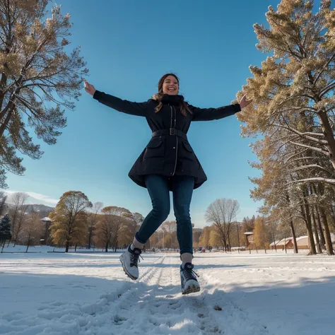 Es invierno, hace fresco, hay nieve,  captures a panoramic shot of a very pretty full-length woman walking, She is very happy and jumps for joy in a park celebrating the prize she won in the lottery, la mujer pasea contenta hacia el fondo del bosque mirand...