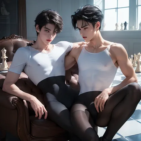 (2boys, masterpiece, beautiful eyes, ballet tights, male crotch bulge, weak androgynous male, chess ballet, checkmate, black pawn takes white king:1.35)