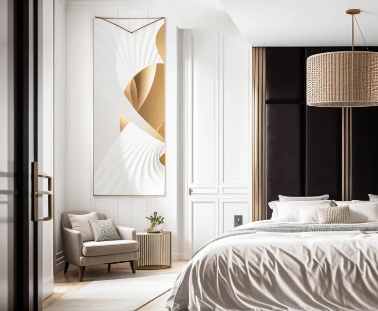 white luxury bedroom, (supper detail:1.2), 1 big abtract poster on the wall