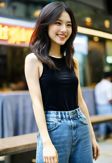 30 year old Hong Kong woman, Perfect slender figure,smiling genius, Straight medium hair with a slight brown tinge, thin and slightly long face、innocent and charming, black tank top and denim overalls.