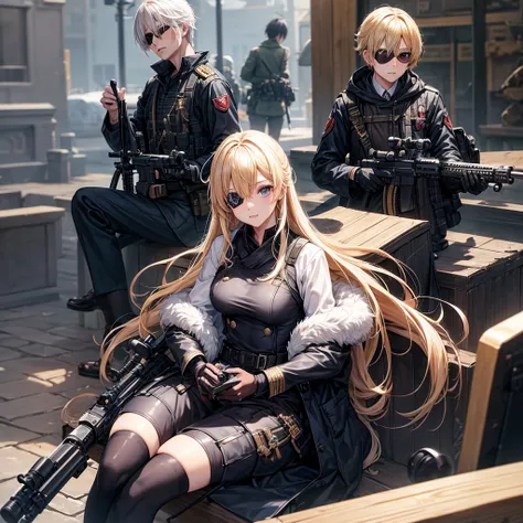 masutepiece, Best Quality, Highest detail, femele、a blond、Military Personnel、military outfits、a cool、an eye patch、sniper rifles、shooting