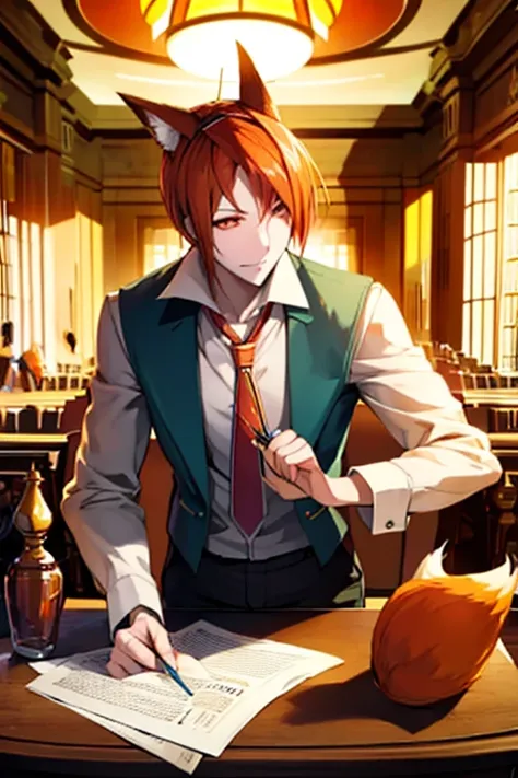 an orange haired man with orange eyes and fox ears is sorting paperwork in  a library.