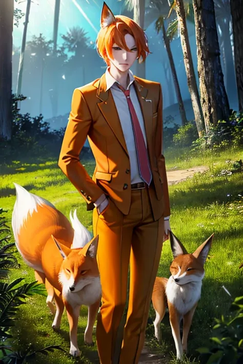 an orange haired man with orange eyes and fox ears is holding a fox in the woods