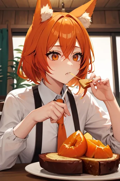 An orange haired man with orange eyes and fox ears is eating a piece of toast