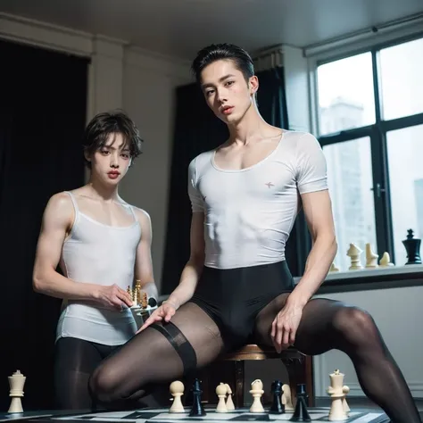 (2boys, masterpiece, beautiful eyes, ballet tights, male crotch bulge, weak androgynous male, chess ballet, checkmate, black pawn takes white king:1.35)