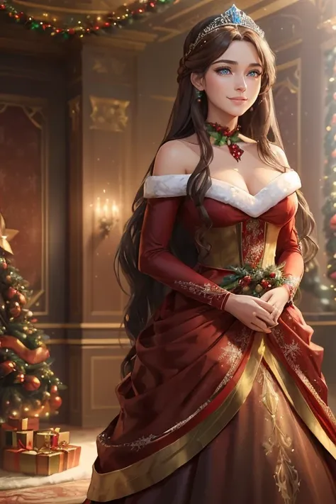 ((A happy woman with blue eyes and long brown hair wearing a beautiful red christmas gown and a tiara)), standing with in a christmas living room, hair with many details, 8k artgerm bokeh, fanart best artstation, render photorealistic, guweiz-style art, in...