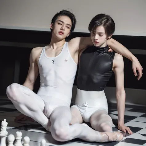 (2boys, masterpiece, beautiful eyes, ballet tights, male crotch bulge, weak androgynous male, chess ballet, checkmate, white lost, black pawn takes white king:1.35)