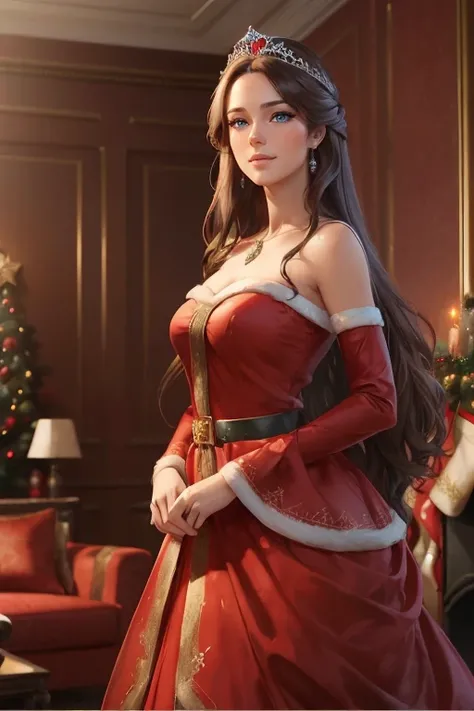 ((A happy woman with blue eyes and long brown hair wearing a beautiful red christmas gown and a tiara)), standing with in a christmas living room, hair with many details, 8k artgerm bokeh, fanart best artstation, render photorealistic, guweiz-style art, in...