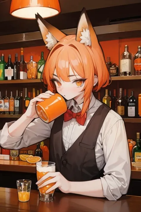 An orange haired man with orange eyes and fox ears is drinking at a bar