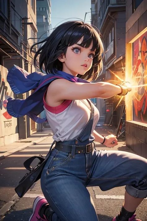 A girl with the appearance and attitude of Dora the Explorer, transformed into a powerful street fighter character, displaying detailed eyes, lips, and face. The girl is dressed in a combination of Doras iconic outfit and street fighter attire. Her eyes ar...