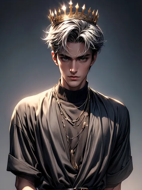 (a man holding a crown,quirky manga art,Eddie Campbell,Kris Knight,Alex Maleev),genderless,(black and silver accessories:1.1),subdued palette,bronzepunk,(best quality,4k,8k,highres,masterpiece:1.2),ultra-detailed,(realistic,photorealistic,photo-realistic:1...