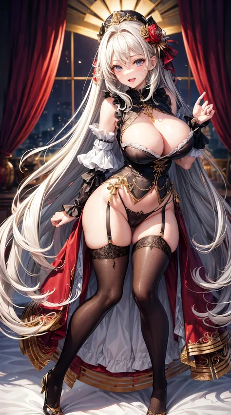 (tmasterpiece, quality, Best quality at best, offcial art, Beautiful and beautiful:1.2)long whitr hair，hair messy，hair adornments，Headbands，Refined face，Full body lace，Leaky stomach，plumw，The waist is very thin，Thigh fleshy，super Big huge tits，suspender st...