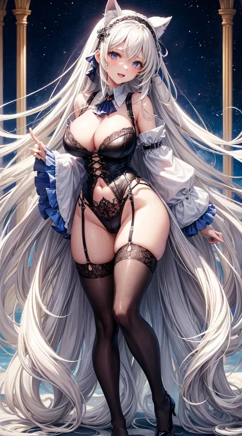 (tmasterpiece, quality, Best quality at best, offcial art, Beautiful and beautiful:1.2)long whitr hair，hair messy，hair adornments，Headbands，Refined face，Full body lace，Leaky stomach，plumw，The waist is very thin，Thigh fleshy，super Big huge tits，suspender st...