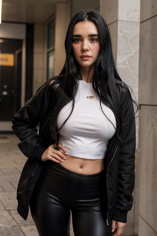 arafed woman with long black hair wearing a white top and black jacket, female with long black hair, with straight black hair, profile picture, with black hair, headshot profile picture, young jennifer connelly, with long black hair, black hair and big eye...