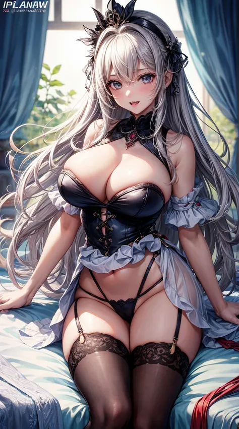 (tmasterpiece, quality, Best quality at best, offcial art, Beautiful and beautiful:1.2)hair messy，hair adornments，Headbands，Refined face，Leaky stomach，plumw，The waist is very thin，Thigh fleshy，super Big huge tits，suspender stockings，sexyposture，Out-of-cont...