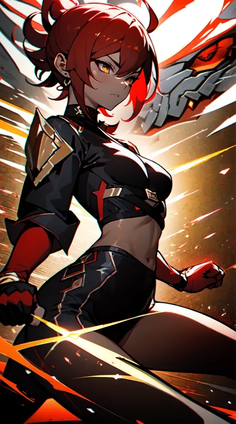 Ultra definition, masterpiece, best quality, 1Girl, Experienced fighter, crimson red short hair, yellow eyes, light brown skin, wearing jacket and light armor red and black metallic Like kuki shinobu outfit, combat stance, Black/red energy emanating from t...