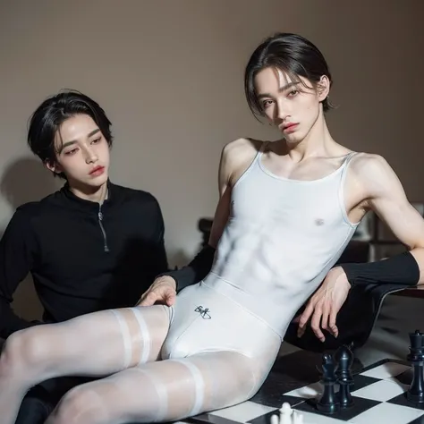 (2boys, masterpiece, beautiful eyes, ballet tights, male crotch bulge, weak androgynous male, chess ballet, checkmate, white lost, black pawn takes white king:1.35)