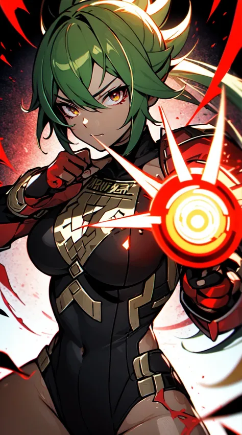 Ultra definition, masterpiece, best quality, 1Girl, Experienced fighter, crimson red short hair, yellow eyes, light brown skin, wearing jacket and light armor red and black metallic Like kuki shinobu outfit, combat stance, Black/red energy emanating from t...