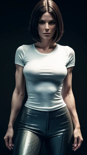 Sandra Bullock, bob cut hair , skin tight pants, tight shirt, (skin texture:1.1), (high detail face:1.1), high detail body, high detail clotheasterpiece), (realistic), ultra high definition, 4k, ultra high resolution, photo by Arny Freytag