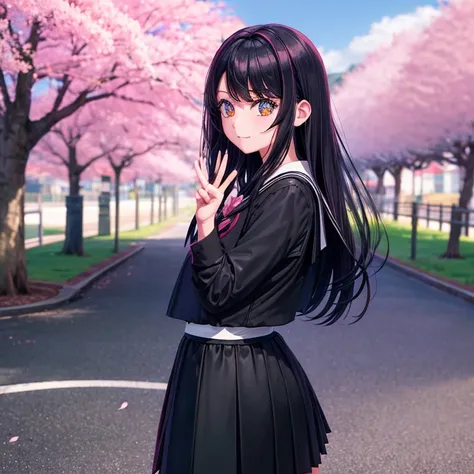 Pink cartoony backround with cherry blossom trees and people, short asian female with long black messy hair and big green eyes wearing black and white school uniform in front of back round, posing with a peace sign,