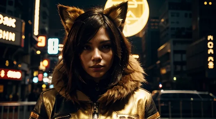 furry cat with golden fur wearing a cyberpunk outfit