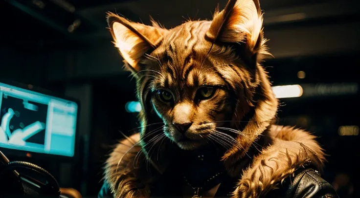 gato (animal) furry with golden fur wearing a cyberpunk outfit