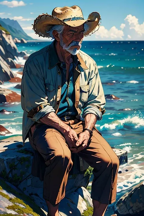 (masterpiece, best quality:1.2), cinematic shot, solo, 1man, Santiago from old man and the sea, expressionless, closed mouth, fisherman, old, looking far away, sitting on a rock, torn clothes , cowboy hat, sitting near the ocean