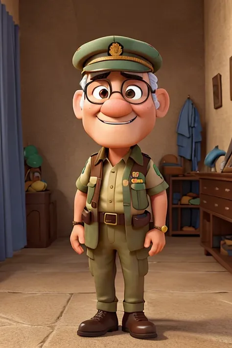 homem, velho, idade de 70 anos, farda camuflada, com capacete de exercito, estilo disney pixar, 3d, animation character, alta qualidade