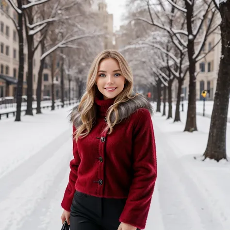 Nikon Z 85mm, Beautiful, one Petite 20-year-old supermodel, long blond hair, Bright gray eyes, ((High detailed skin, Skin Details)), Sharp Focus, 8K UHD, Digital SLR, High quality, gorgeous russian face, smiling, very realistic, ((wearing modest red fur co...