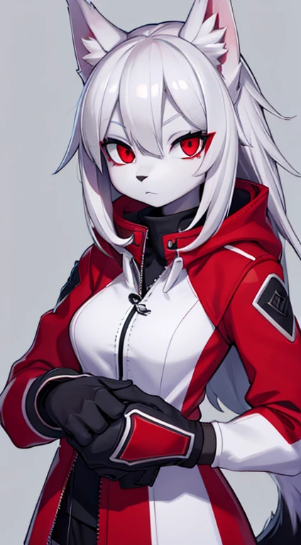 Wolf Female, Grey Skin, White Hair, Red Eyes, Red Jacket