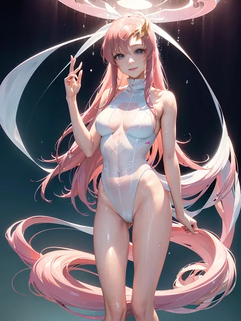 (((masterpiece))), perfect lighting, official art, Lacus Clyne, 1girl, pink long hair, hair ornament, slender body, smile, blush, (((sexy white swimsuit, wet and transparent, not wearing underwear))), (((open her legs, provocative pose))), focus on people,...