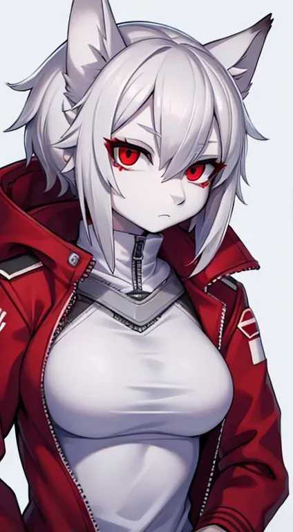 Wolf Female, Grey Skin, White Hair, Red Eyes, Red Jacket Pilot Racing