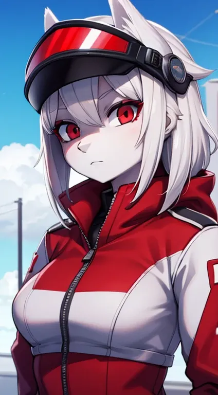 Wolf Female, Grey Skin, White Hair, Red Eyes, Red Jacket Pilot Racing